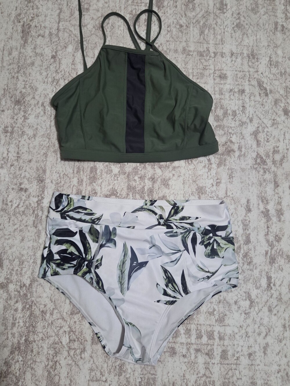 Olive Green High Neck Bikini Top with Tropical High-Waist Bottoms